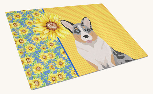 Hand-illustrated Blue Merle Cardigan Corgi Sunflowers Glass Cutting Board