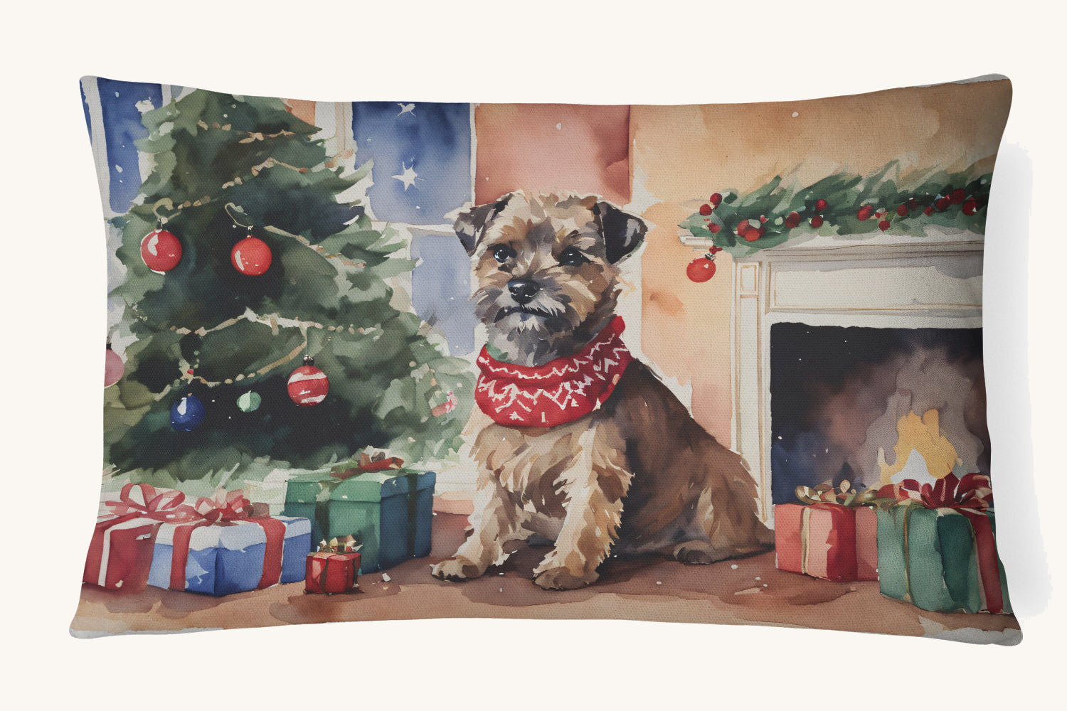 Hand-illustrated Border Terrier Christmas Fabric Pillow
