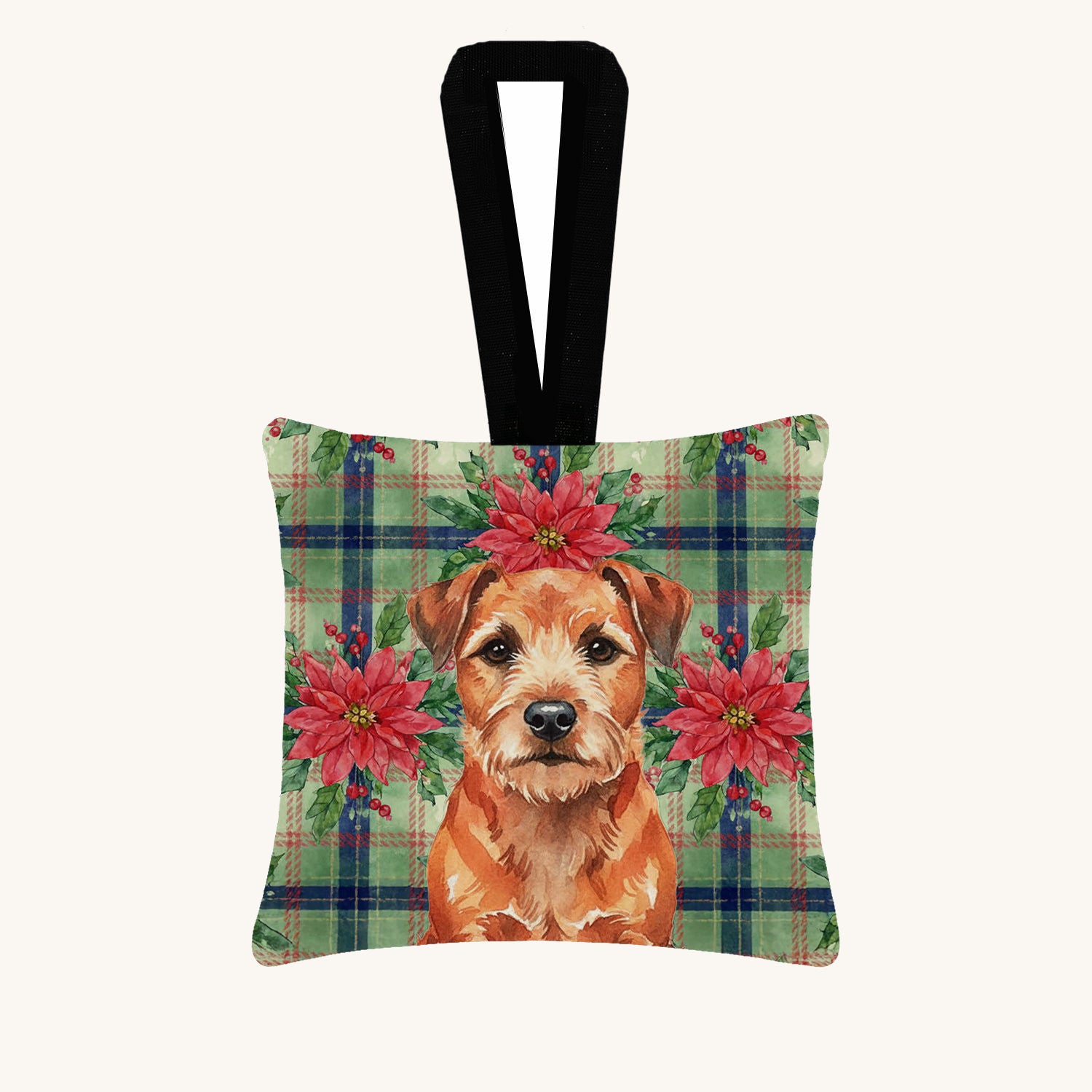 Hand-illustrated Border Terrier Christmas Poinsettias Fabric Ornament