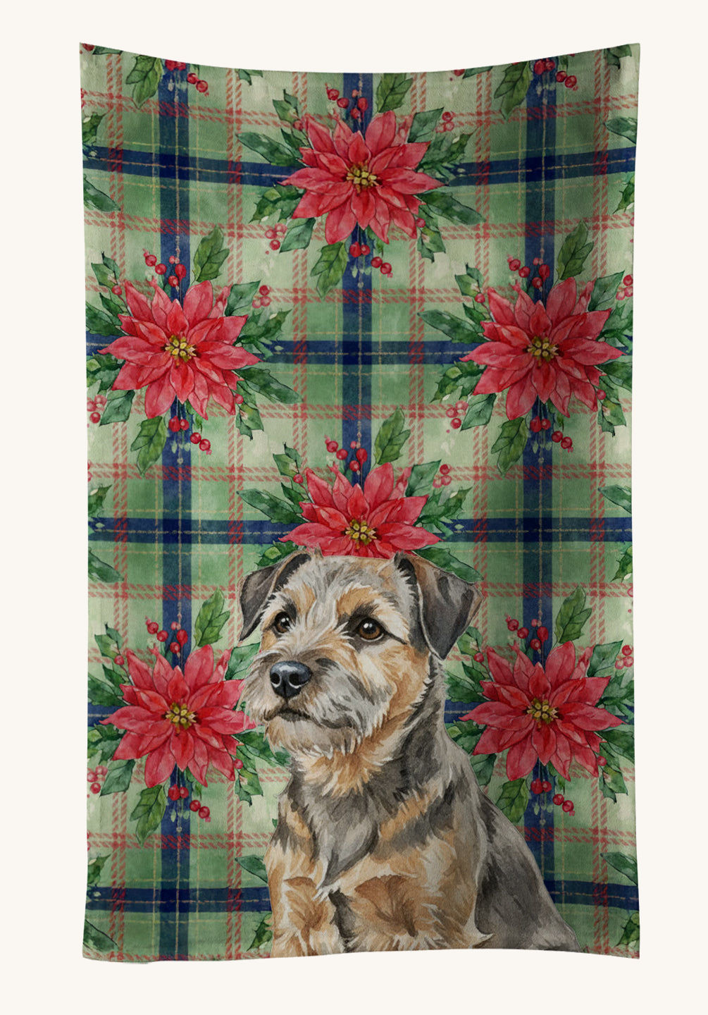 Hand-illustrated Border Terrier Christmas Poinsettias Kitchen Towel