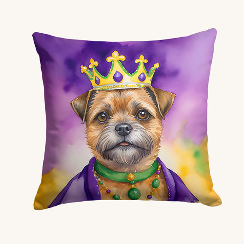 Hand-illustrated Border Terrier King Mardi Gras Throw Pillow