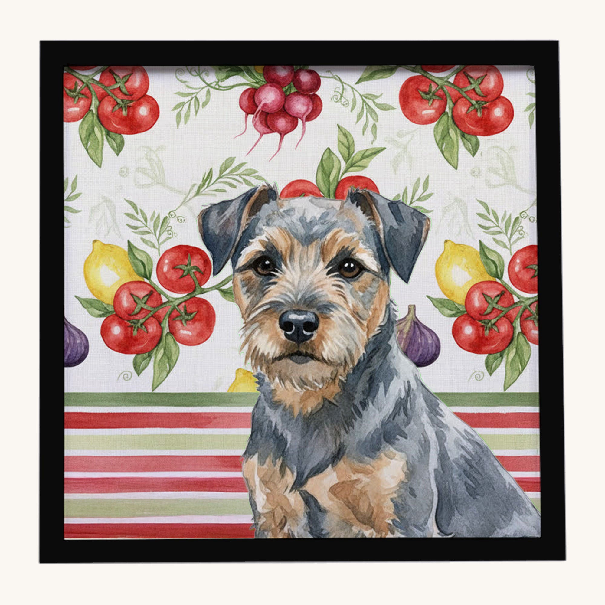 Hand-illustrated Border Terrier Vegetables Framed Metal Print