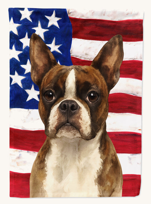 Hand-illustrated Boston Terrier American Flag House Flag