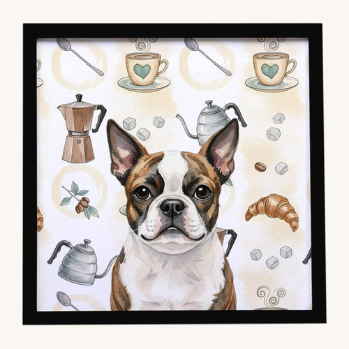 Hand-illustrated Boston Terrier Coffee Bar Framed Metal Print