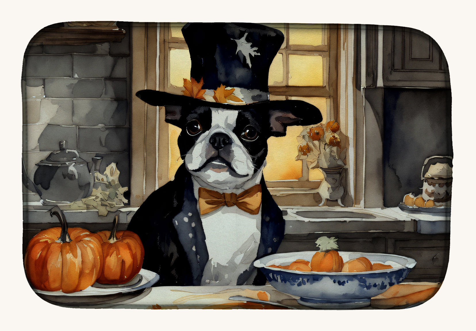 Hand-illustrated Boston Terrier Fall Pumpkins Dish Drying Mat