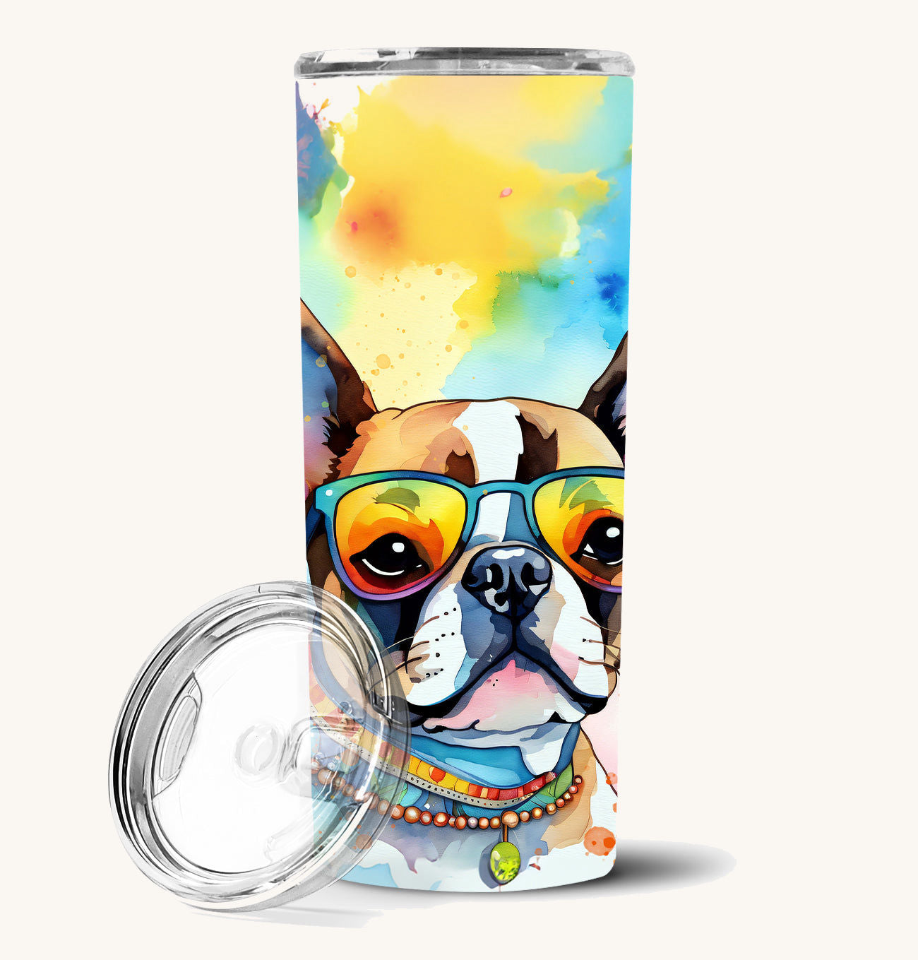 Hand-illustrated Boston Terrier Hippie Dawg Stainless Steel Tumbler