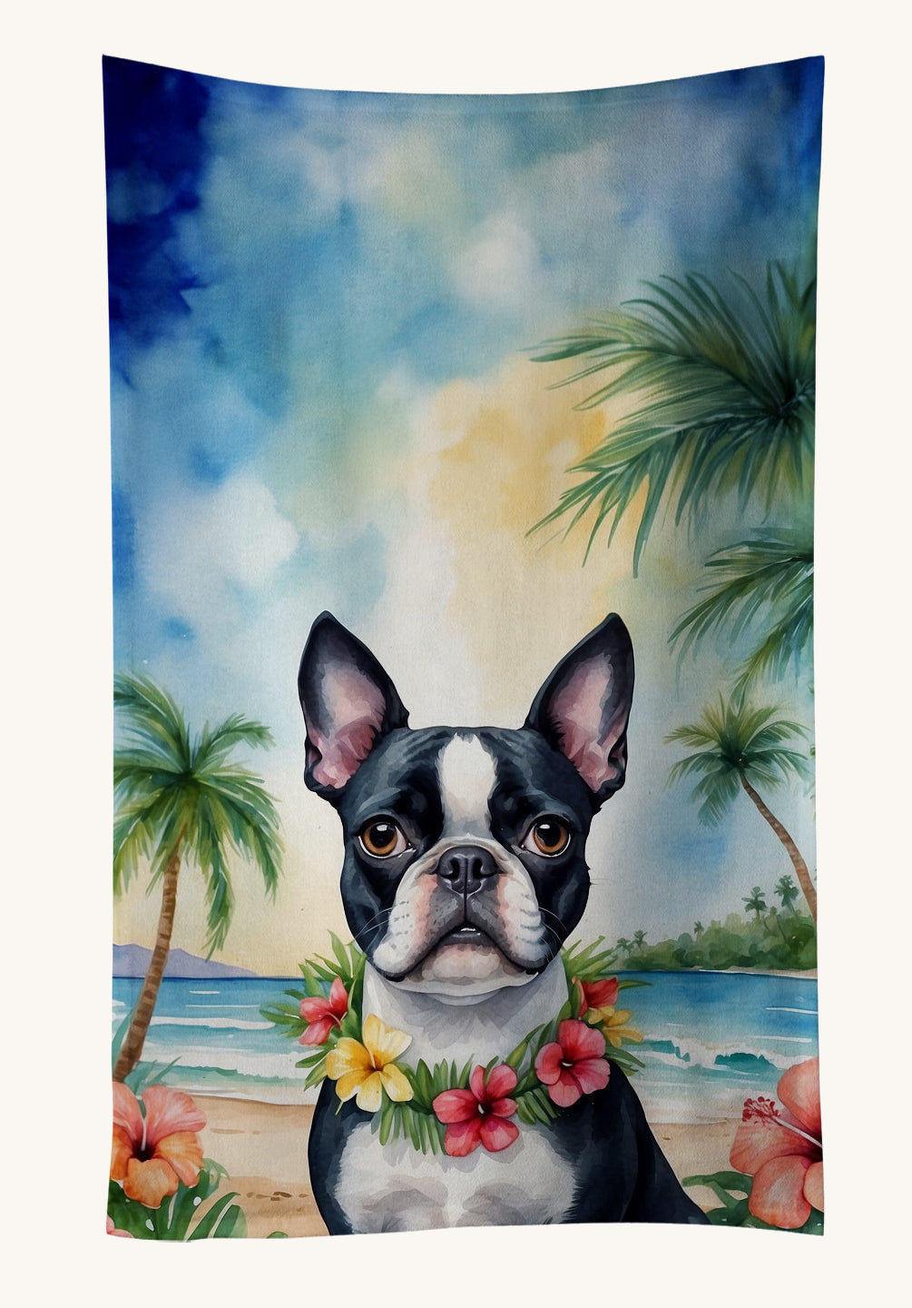 Hand-illustrated Boston Terrier Luau Kitchen Towel