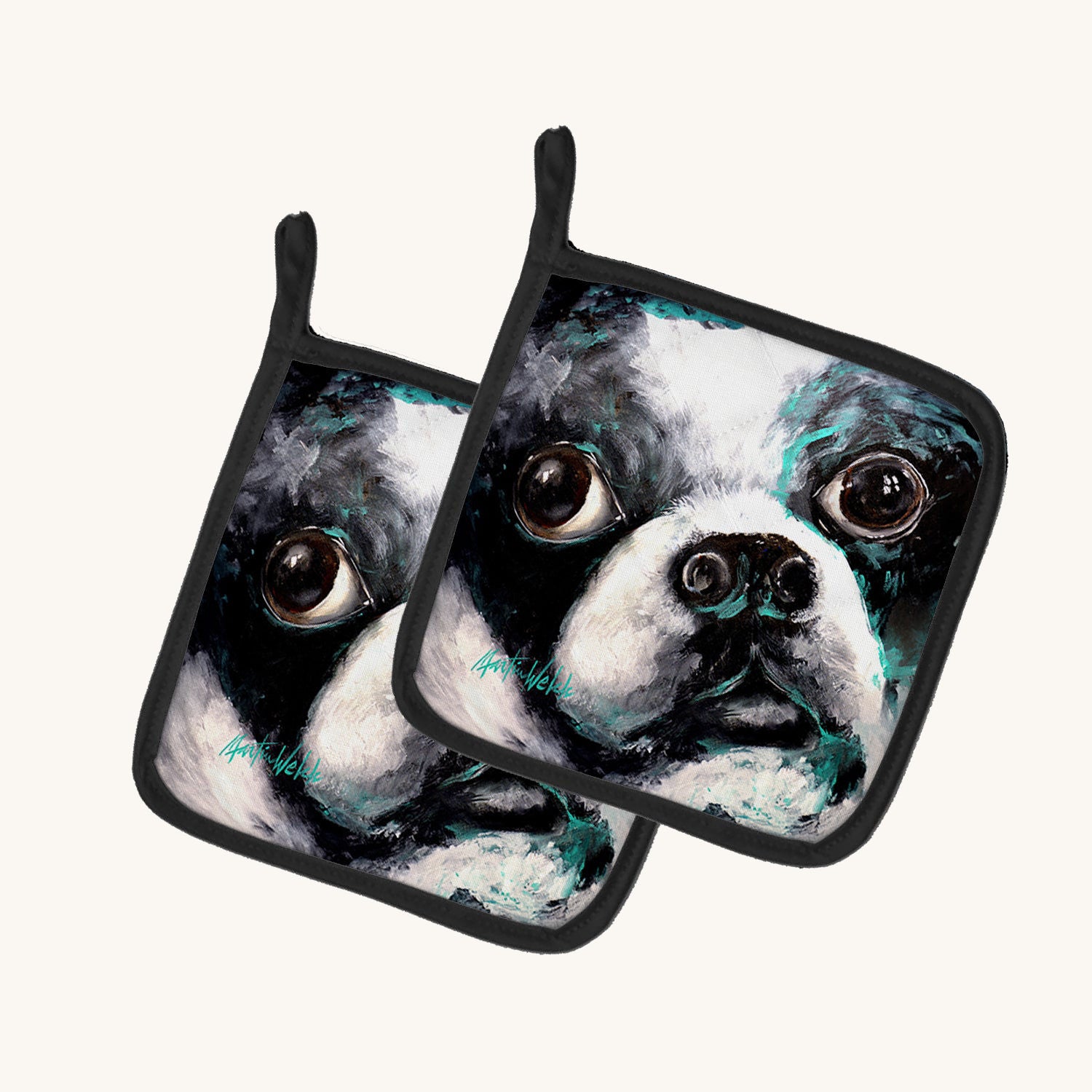 Hand-illustrated Boston Terrier Pretty Please Pot Holders