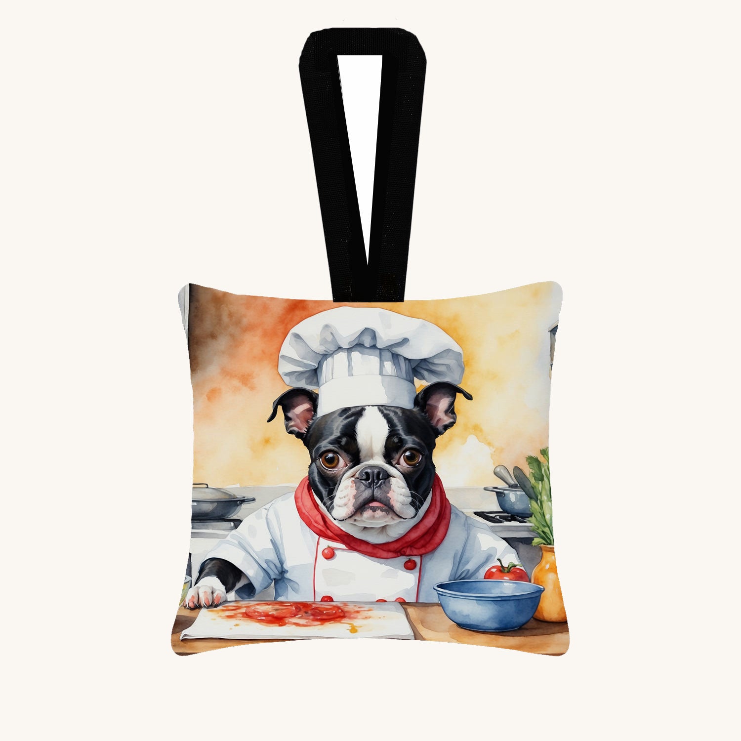 Hand-illustrated Boston Terrier The Chef Fabric Ornament