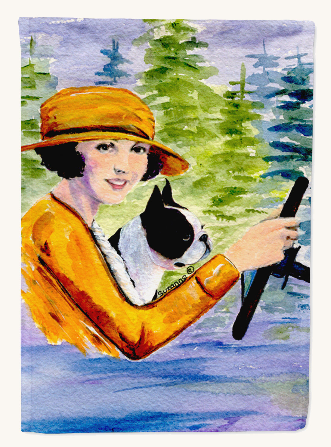 Hand-illustrated Boston Terrier Woman Driving Garden Flag