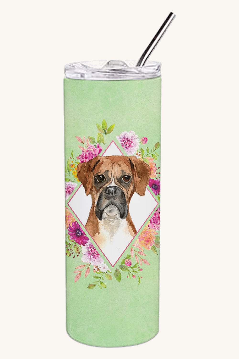 Hand-illustrated Boxer Green Flowers Tumbler