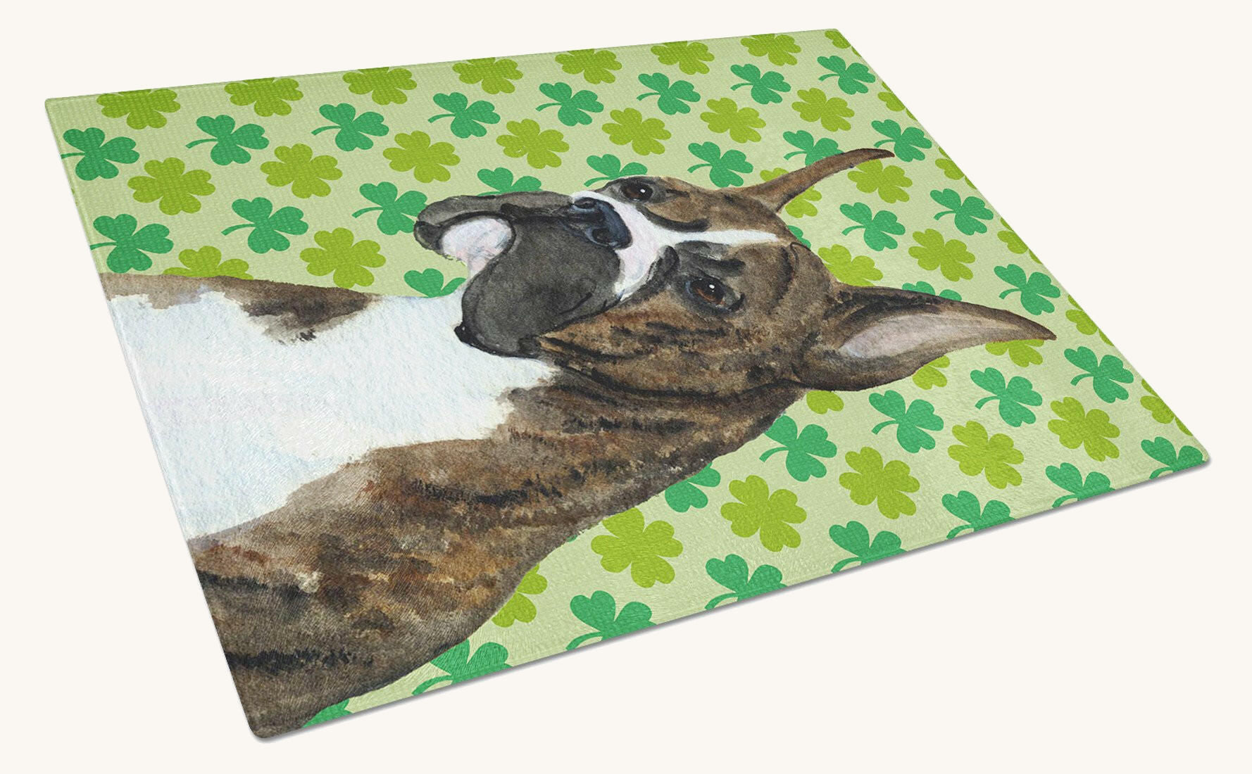 Hand-illustrated Boxer St. Patrick's Day Shamrock Glass Cutting Board