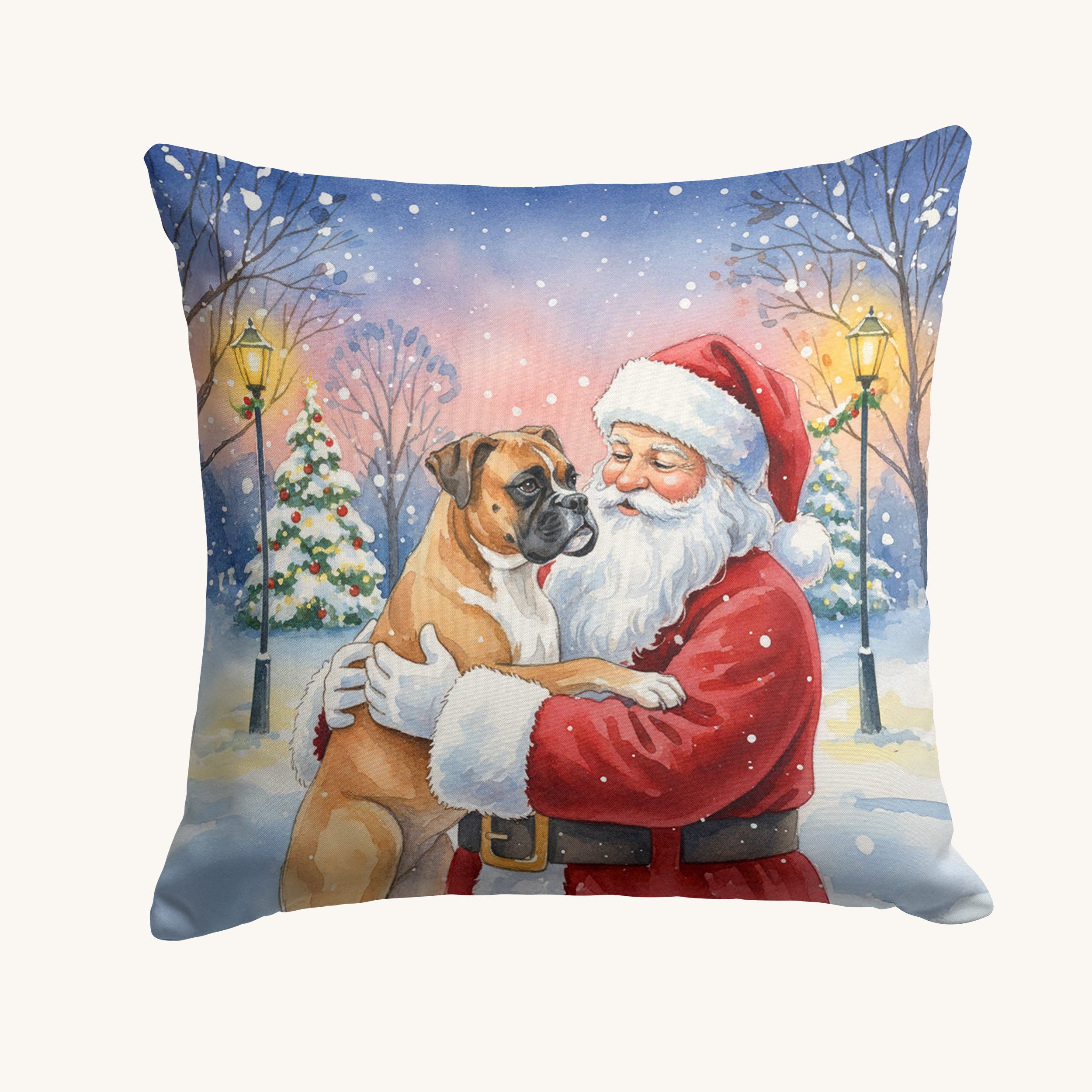 Hand-illustrated Boxer with Santa Throw Pillow