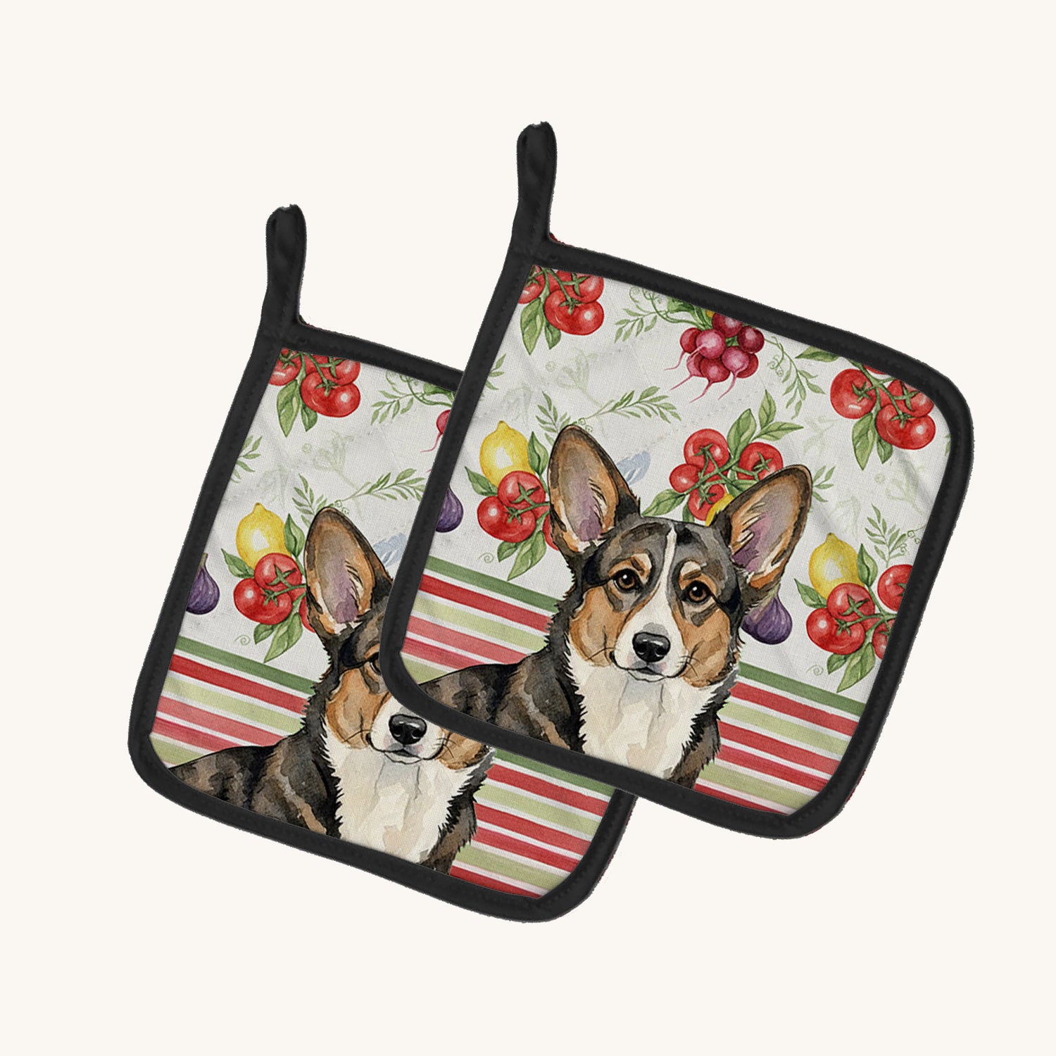 Hand-illustrated Brindle Cardigan Corgi Garden Veggies Pot Holders