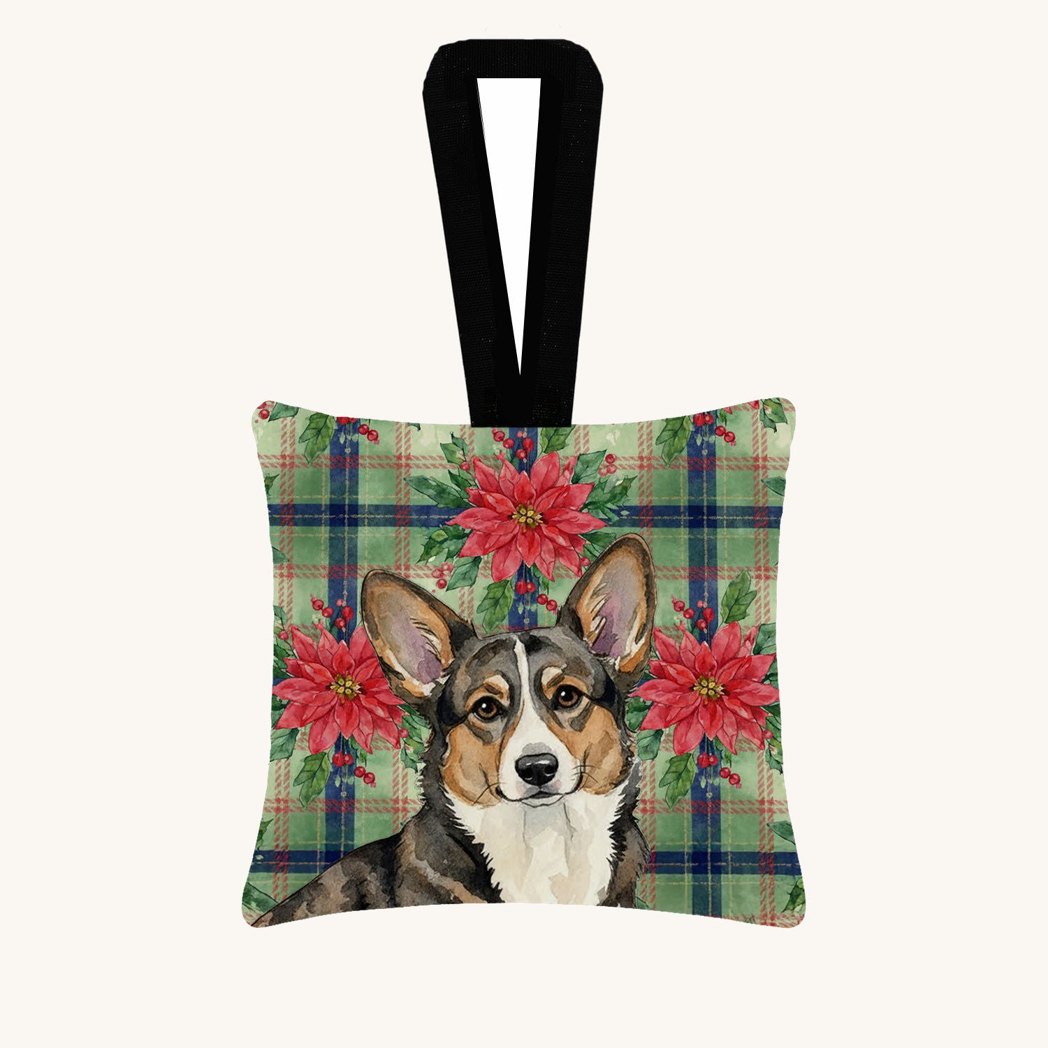 Hand-illustrated Brindle Cardigan Corgi Poinsettias Fabric Ornament