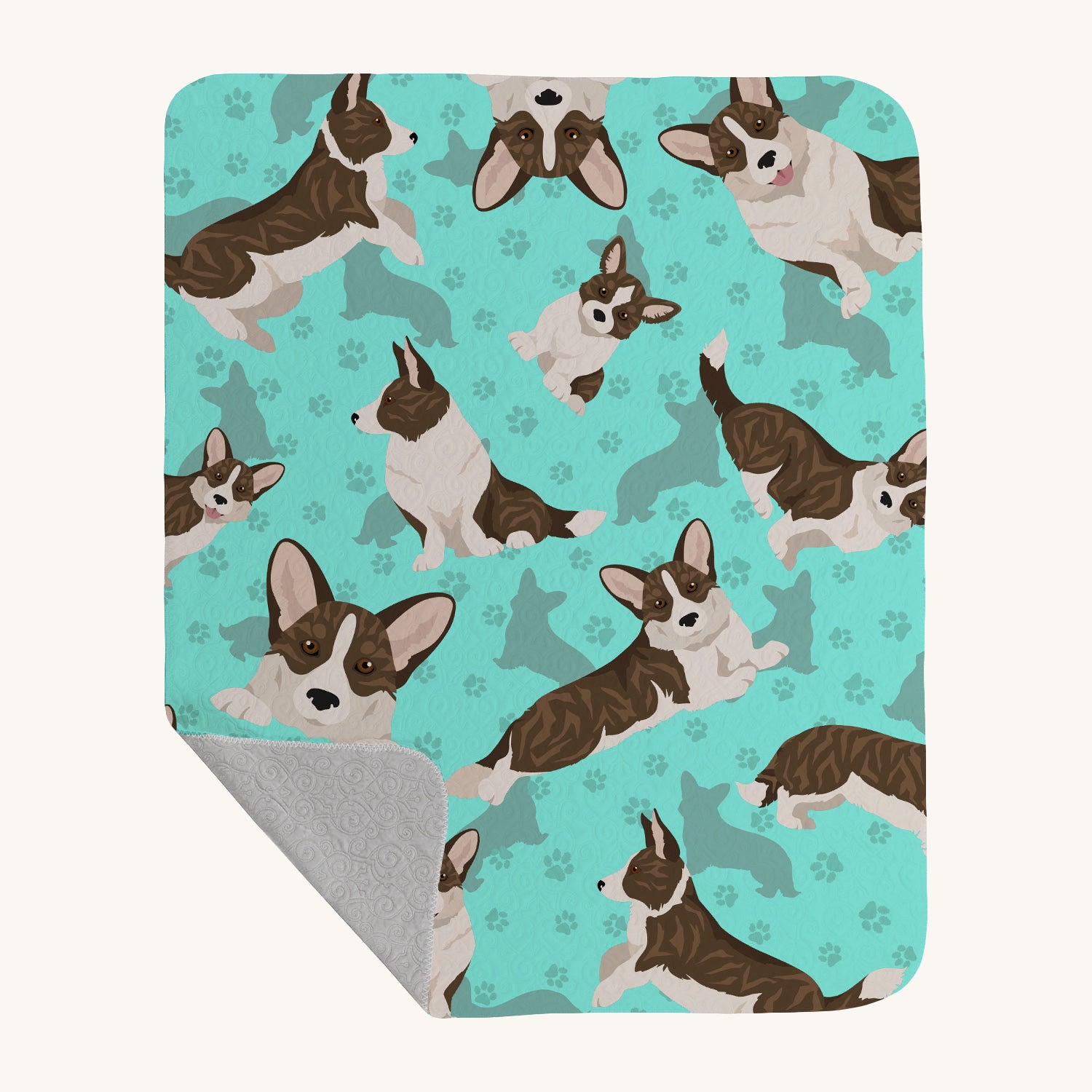 Hand-illustrated Brindle Cardigan Corgi Quilted Throw Blanket