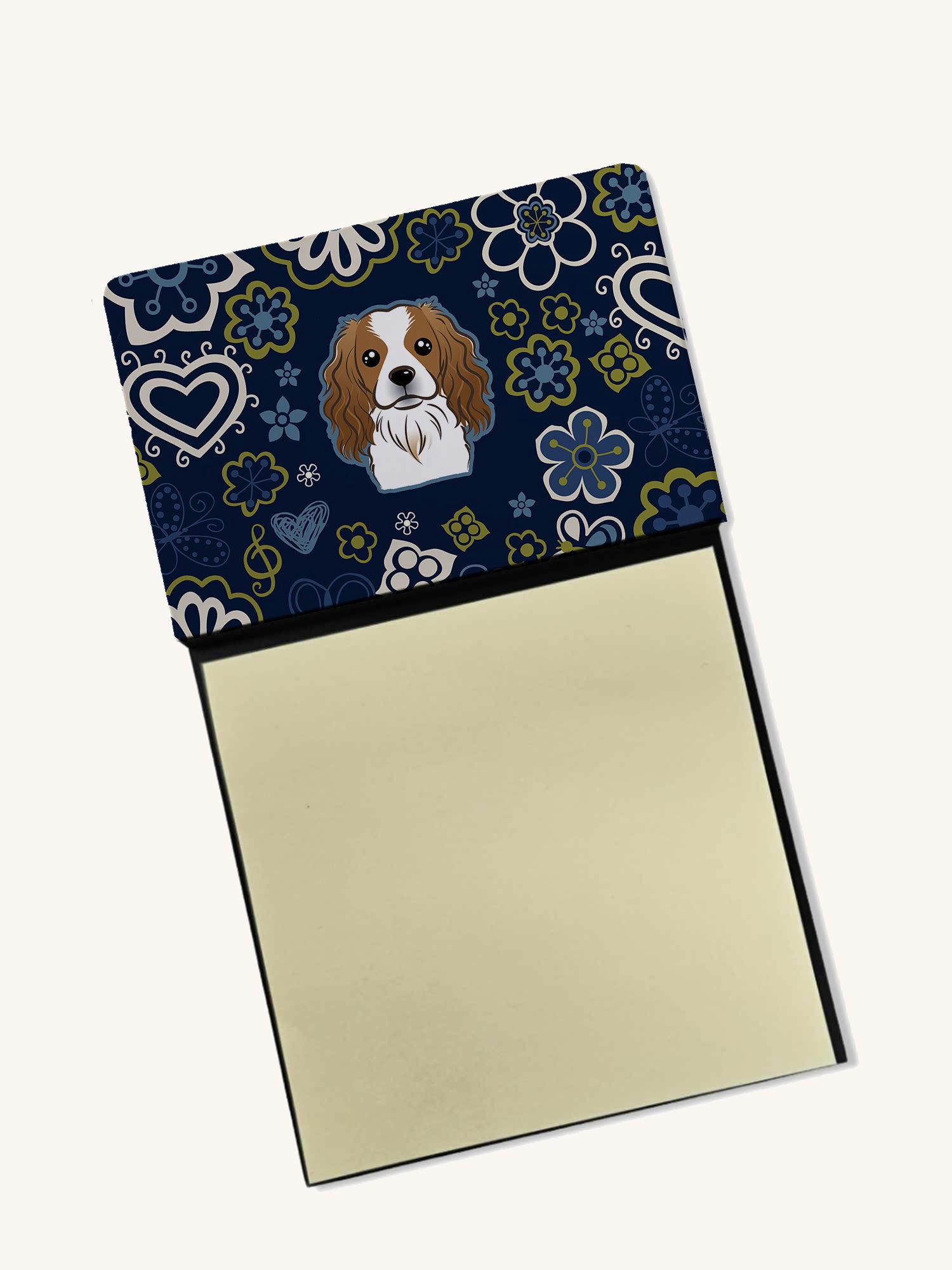 Hand-illustrated Cavalier Spaniel Blue Flowers Sticky Note Holder