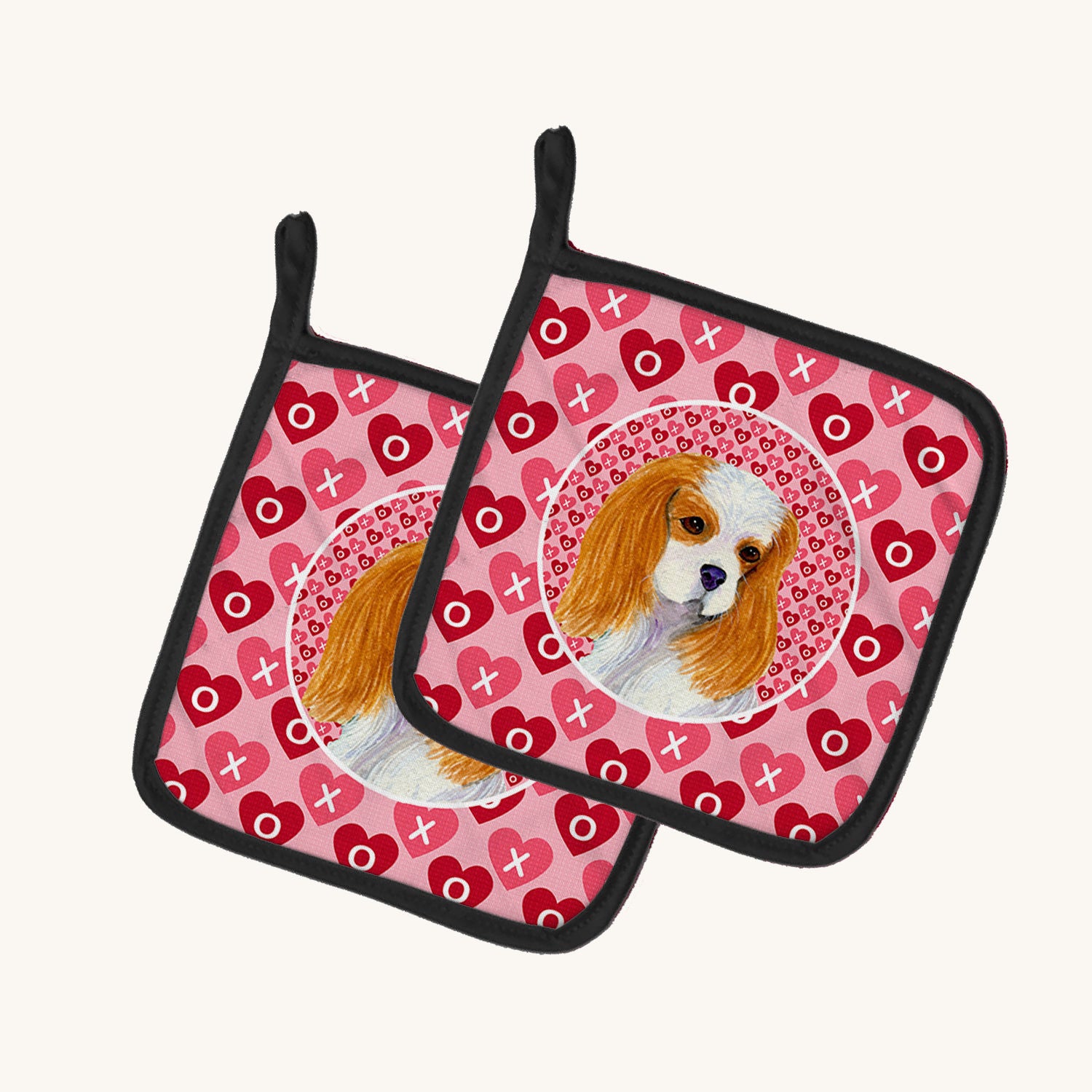 Hand-illustrated Cavalier Spaniel Hearts Valentine Pot Holder Pair