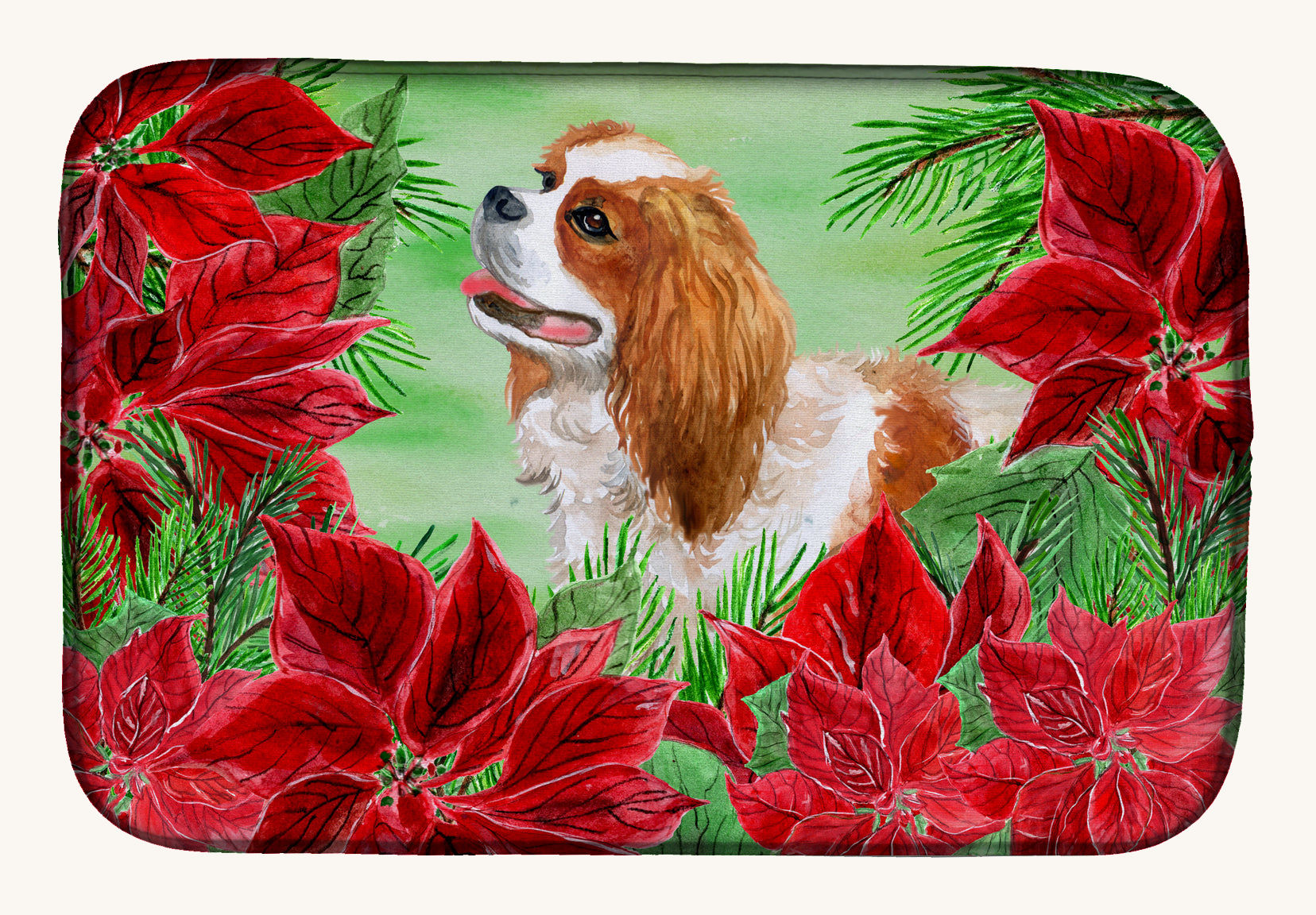 Hand-illustrated Cavalier Spaniel Poinsettia Dish Drying Mat