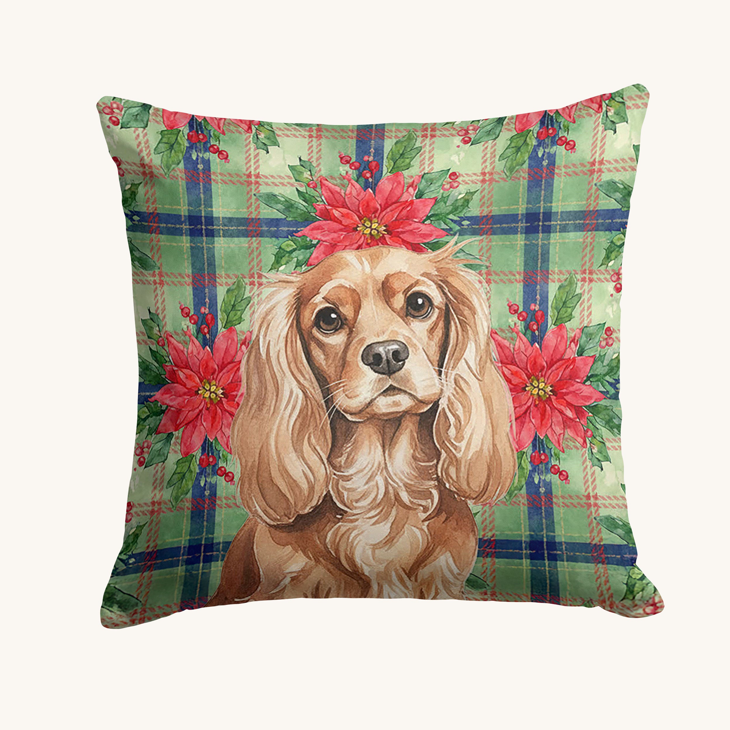 Hand-illustrated Cavalier Spaniel Ruby Poinsettia Throw Pillow