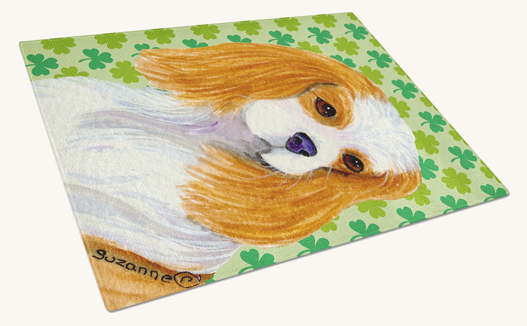 Hand-illustrated Cavalier Spaniel Shamrock Portrait Glass Cutting Board