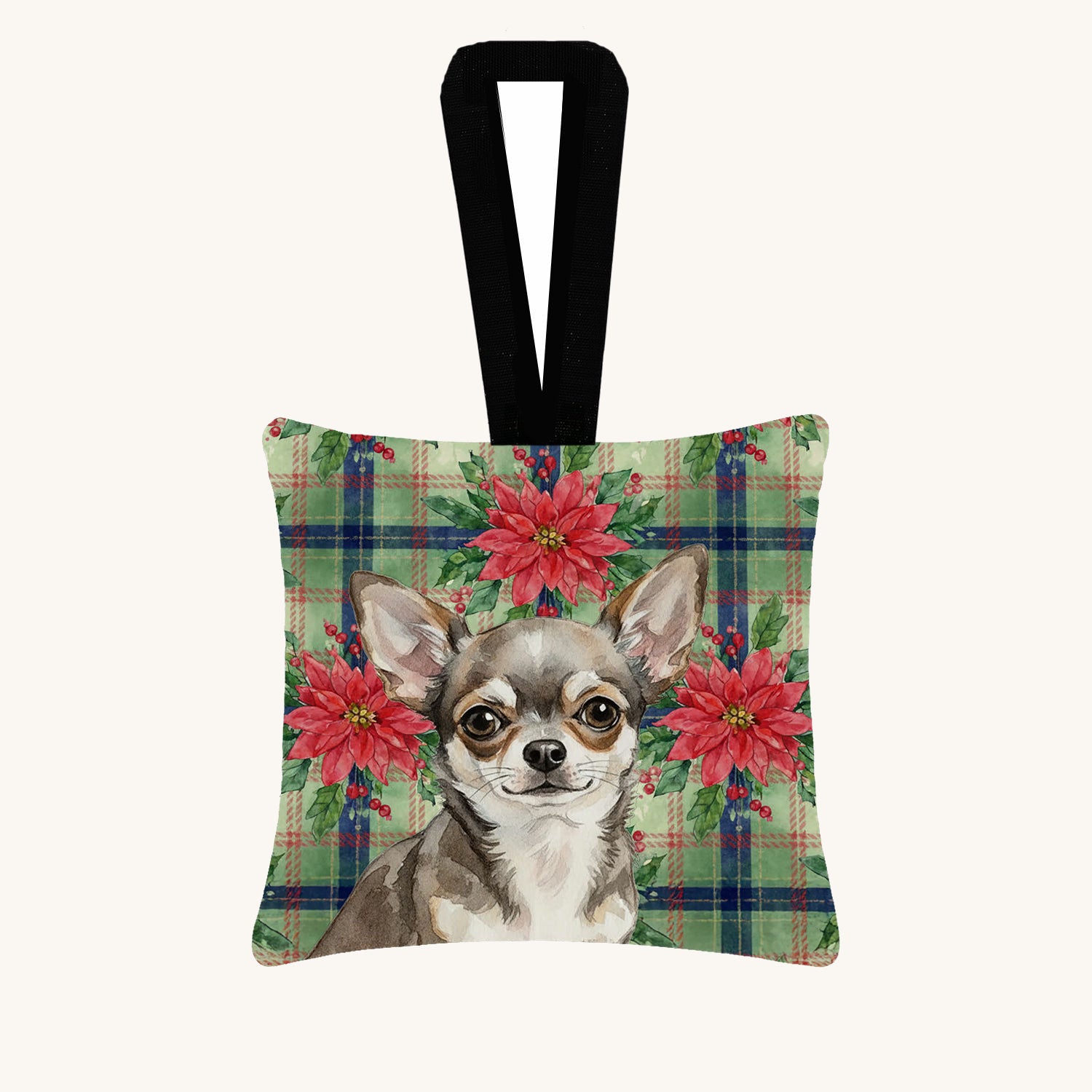 Hand-illustrated Chihuahua Christmas Poinsettias Fabric Ornament