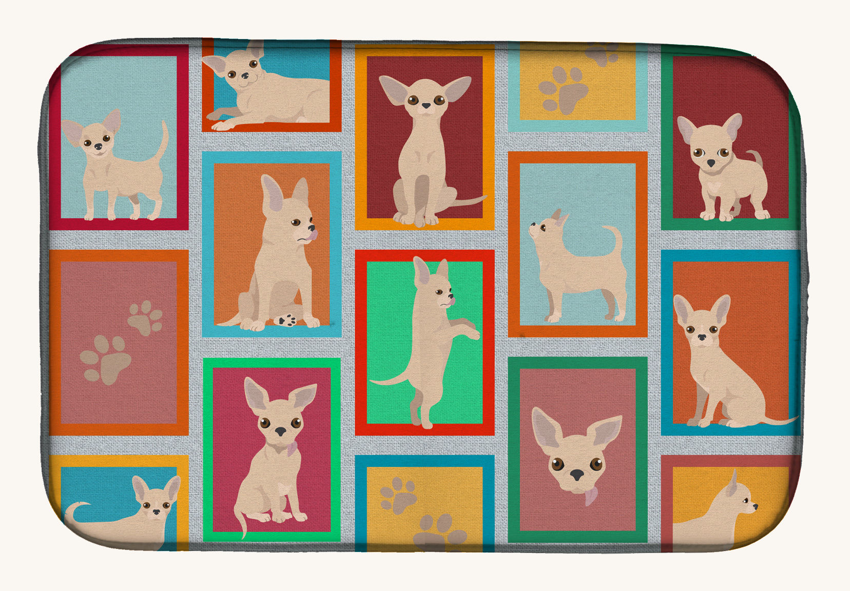 Hand-illustrated Chihuahua Cream Cluster Dish Drying Mat