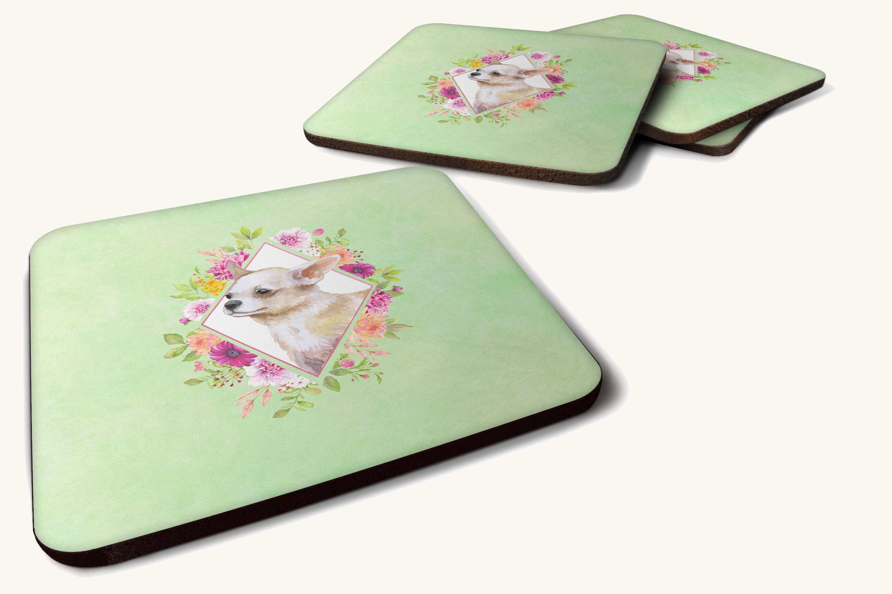 Hand-illustrated Chihuahua Green Flowers Foam Coaster Set