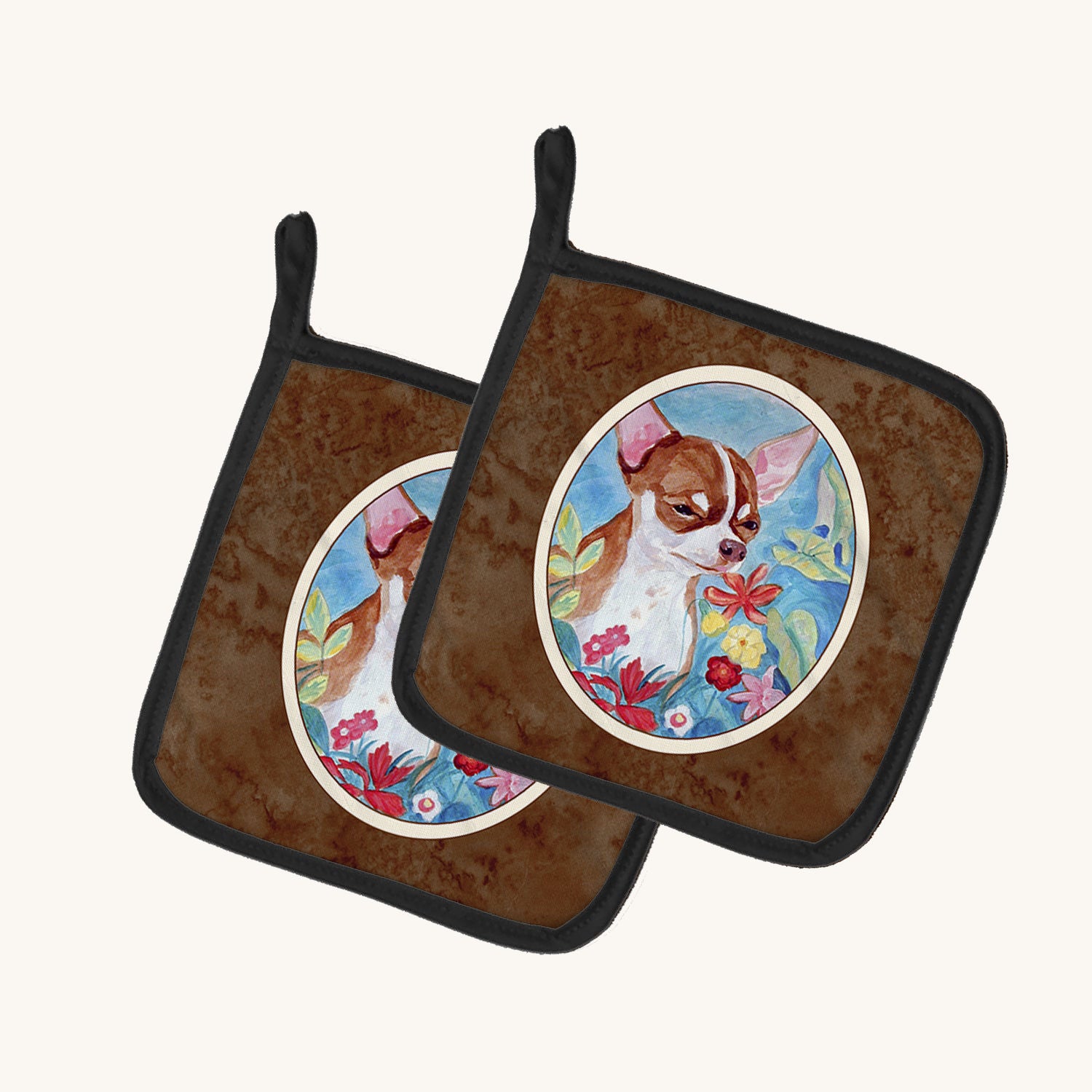 Hand-illustrated Chihuahua in Flowers Pot Holder Pair