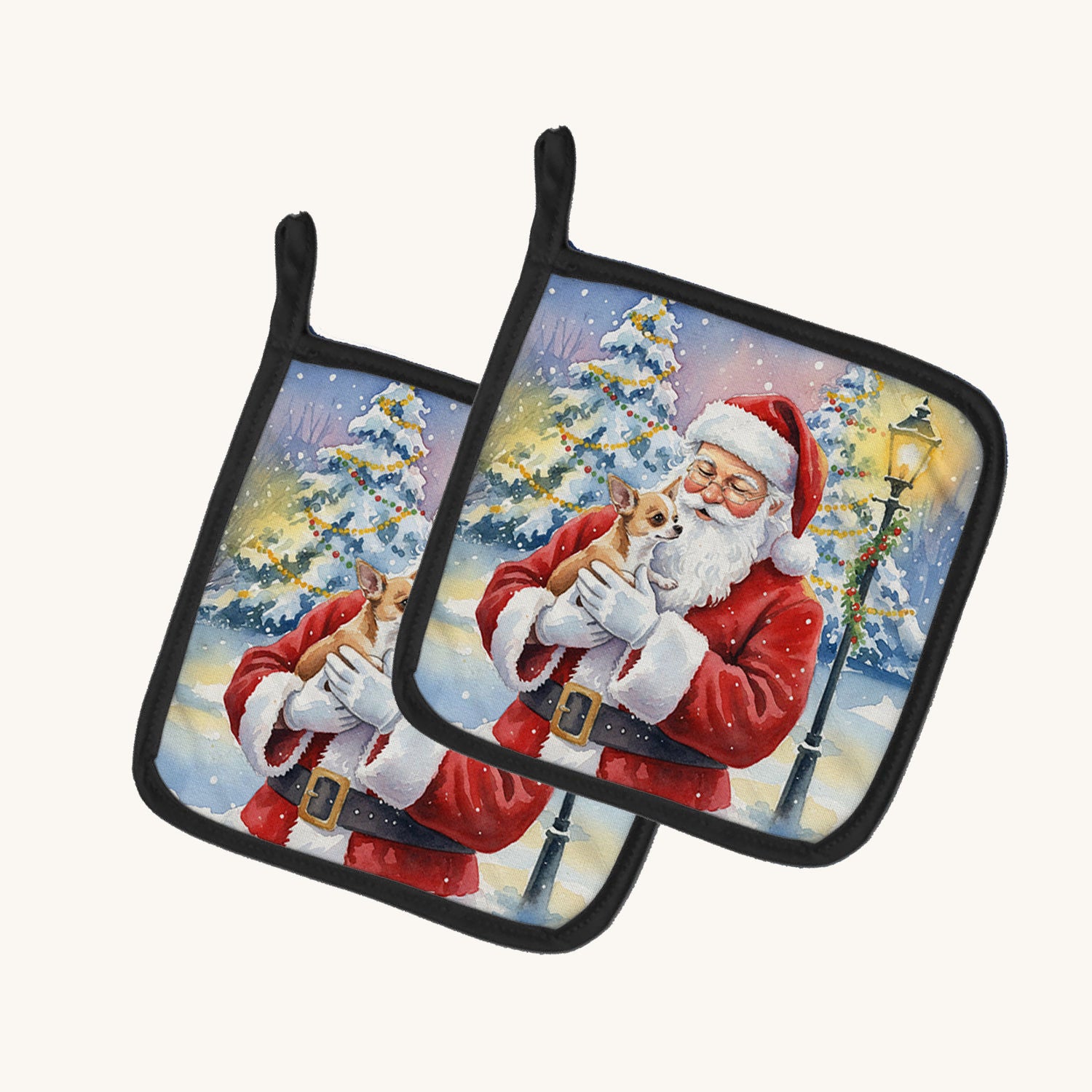 Hand-illustrated Chihuahua with Santa Claus Pot Holder Pair