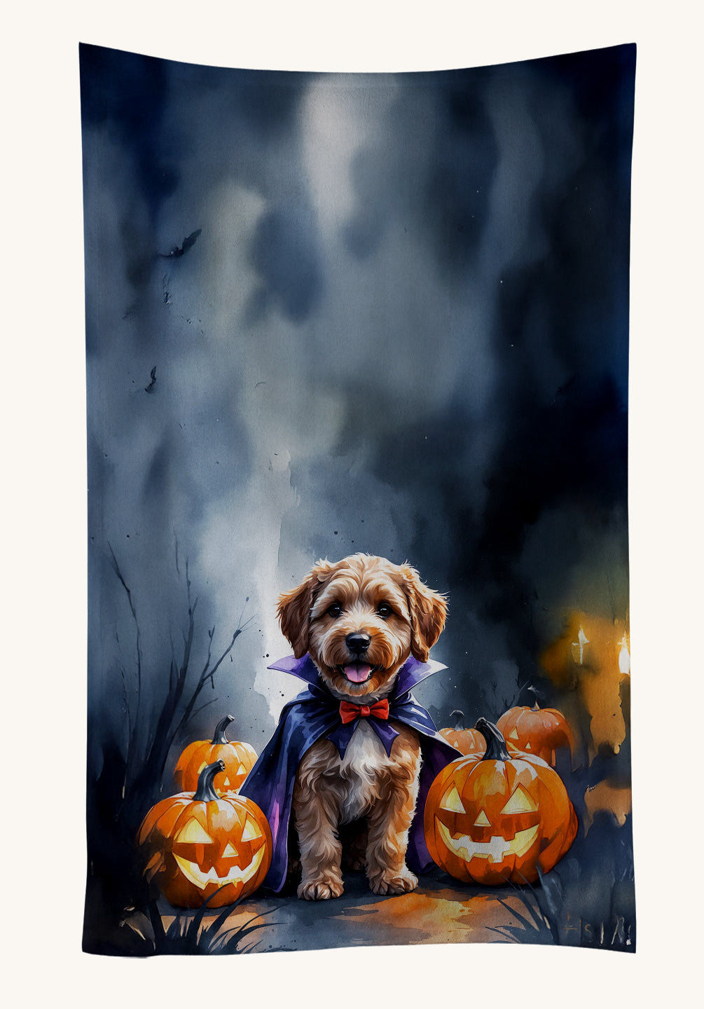 Hand-illustrated Chocolate Labradoodle Puppy Halloween Kitchen Towel