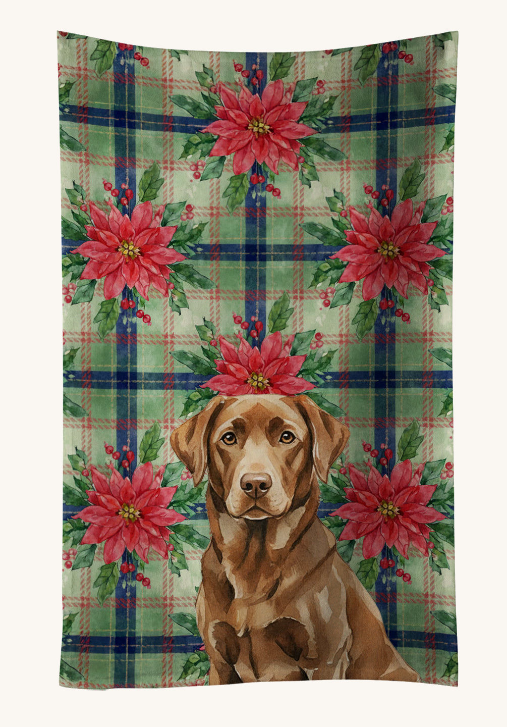 Hand-illustrated Chocolate Labrador Christmas Poinsettia Kitchen Towel