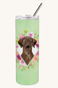 Hand-illustrated Chocolate Labrador Green Flowers Skinny Tumbler