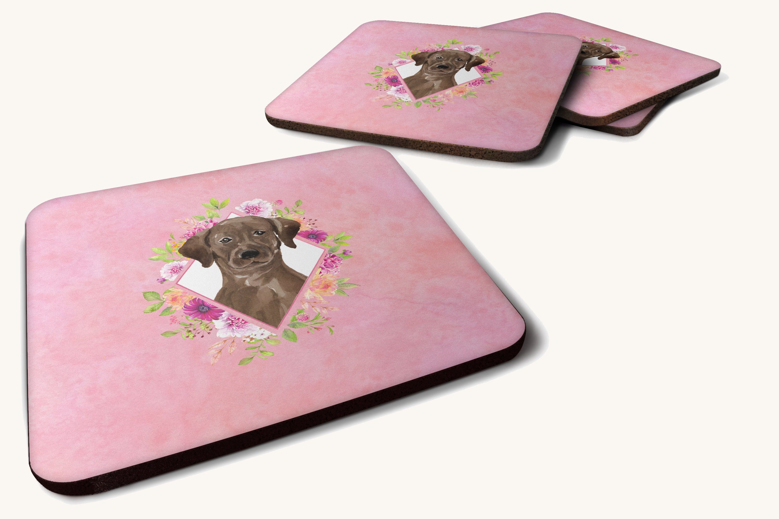 Hand-illustrated Chocolate Labrador Pink Flowers Coasters