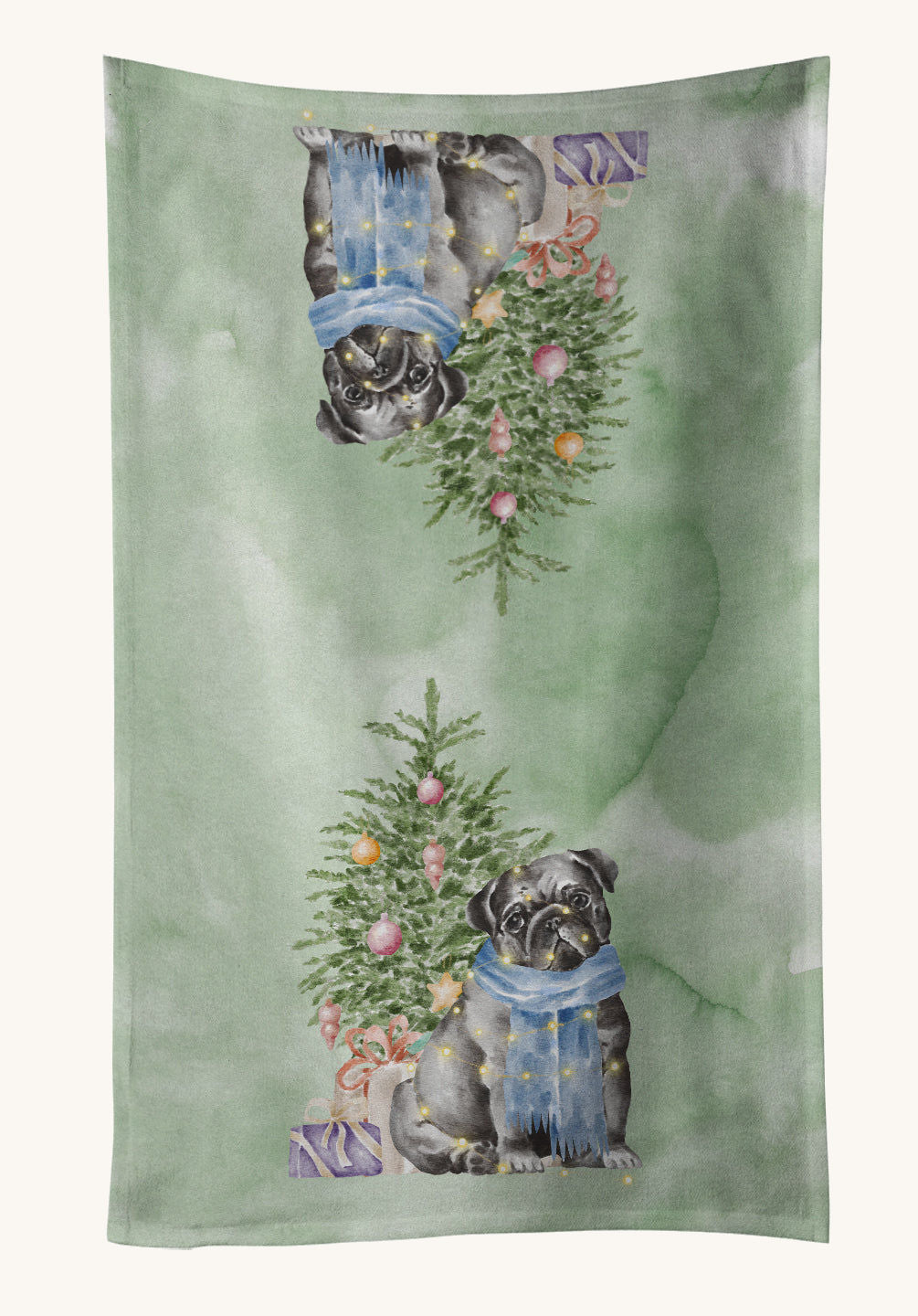 Hand-illustrated Christmas Black Pug Kitchen Towel