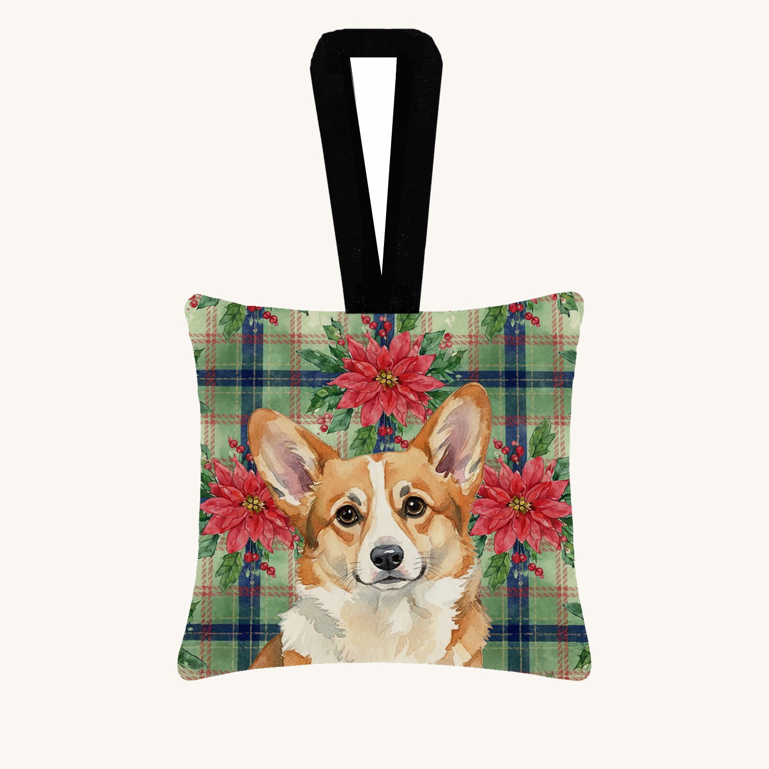 Hand-illustrated Corgi Christmas Poinsettias Hanging Fabric Ornament