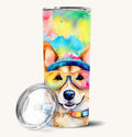 Hand-illustrated Corgi Hippie Dawg Stainless Steel Skinny Tumbler