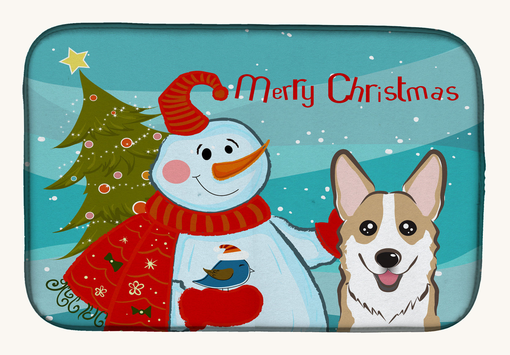 Hand-illustrated Corgi Snowman Dish Drying Mat