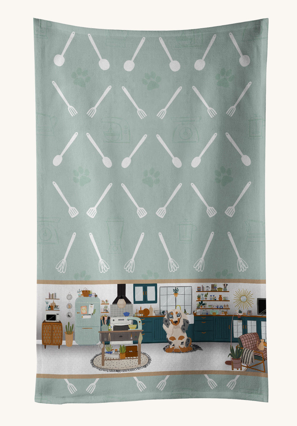 Hand-illustrated Dachshund in the Kitchen Cream Dapple Towel