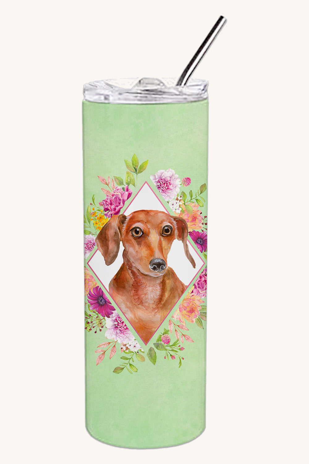 Hand-illustrated Dachshund Red Green Flowers Skinny Tumbler