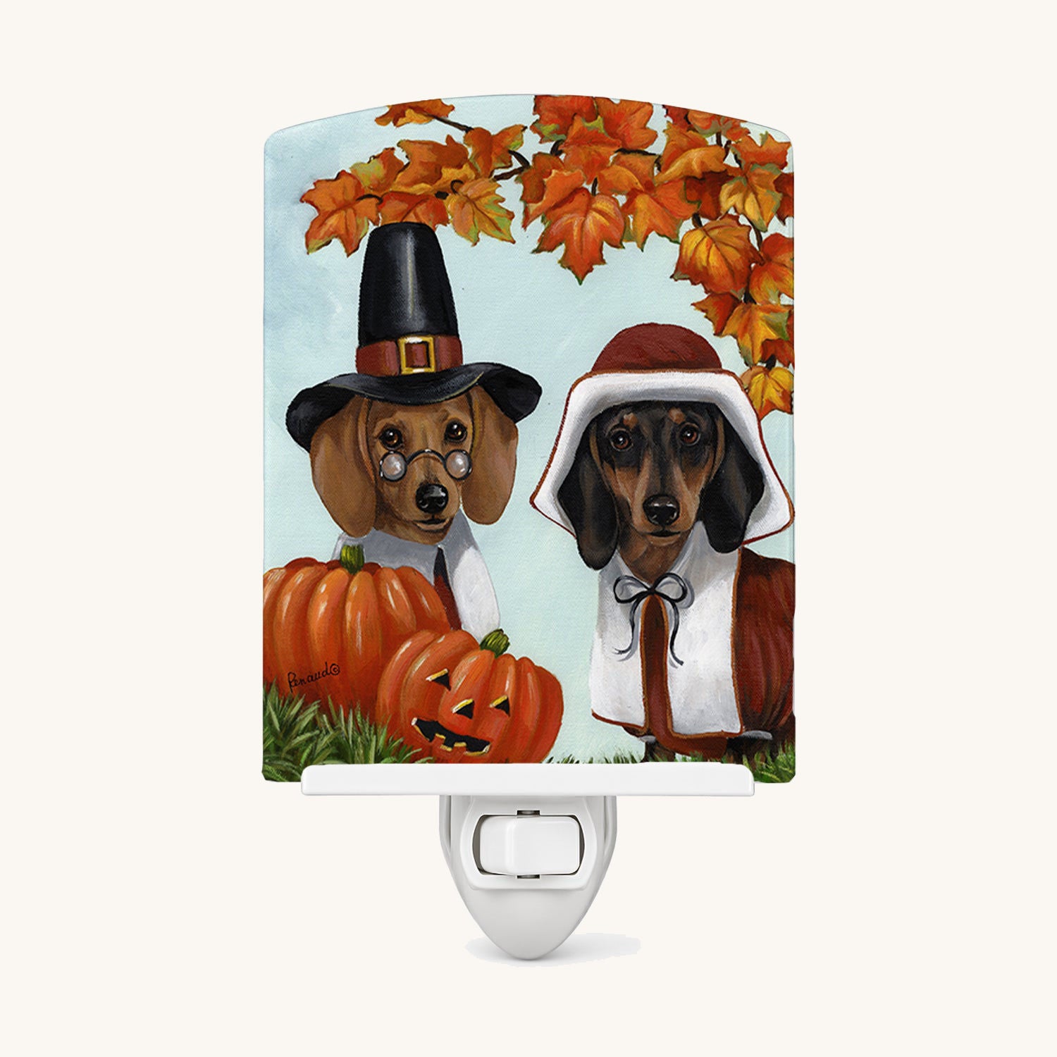 Hand-illustrated Dachshund Thanksgiving Pilgrims Ceramic Night Light