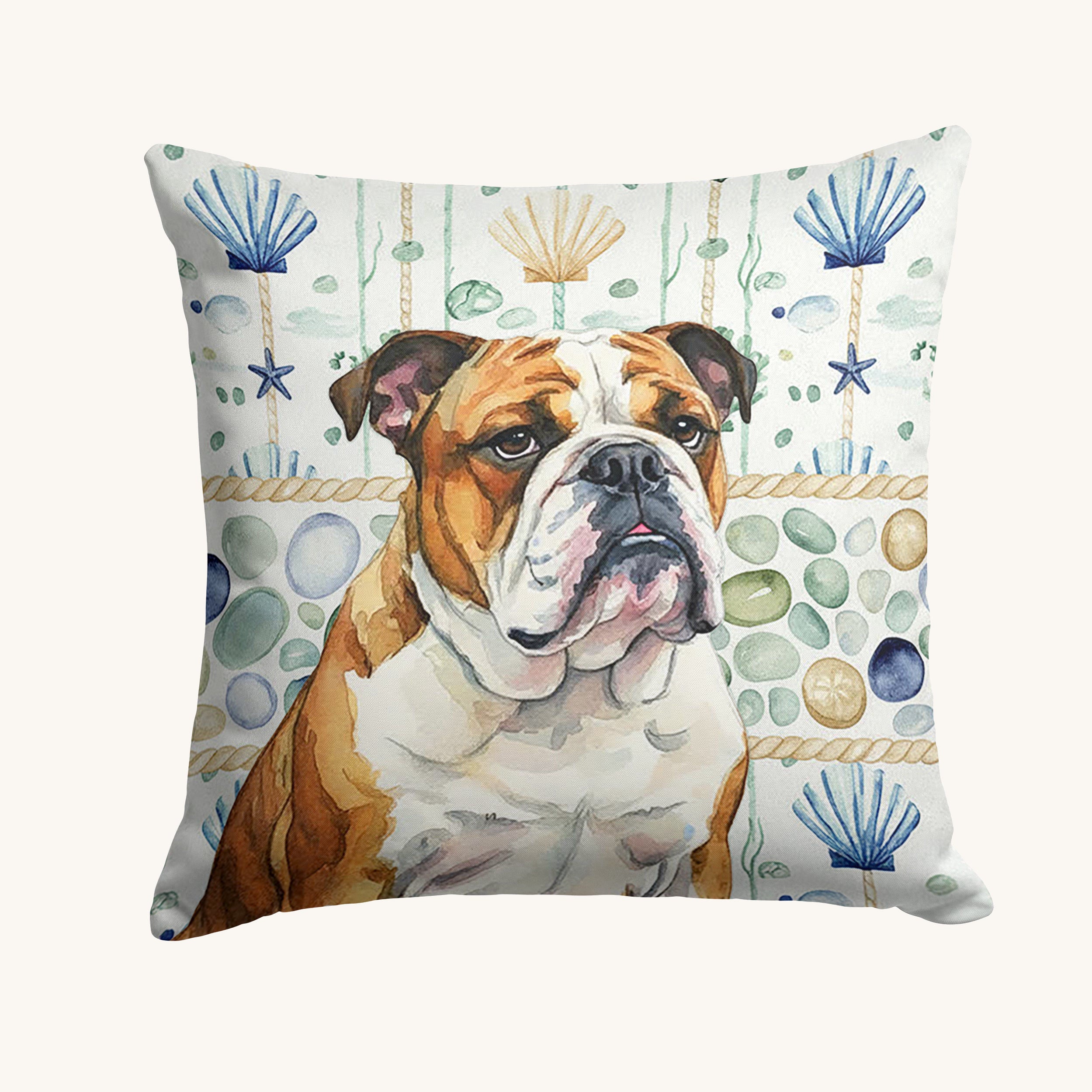 Hand-illustrated English Bulldog Coastal Sea Glass Throw Pillow