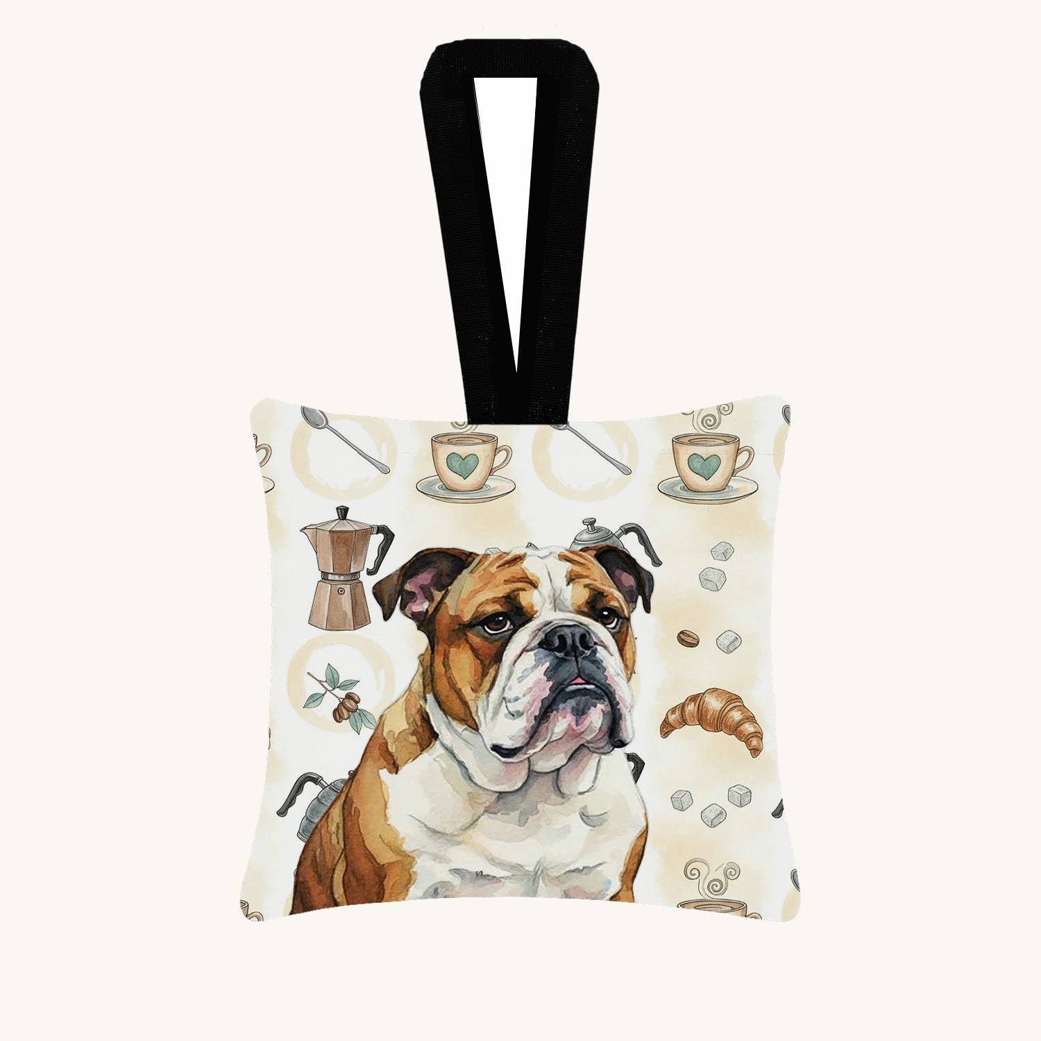 Hand-illustrated English Bulldog Coffee Bar Fabric Ornament