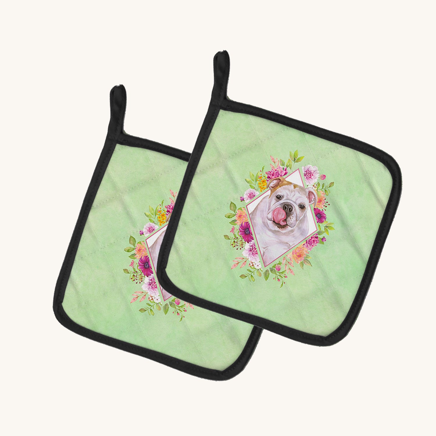 Hand-illustrated English Bulldog Green Flowers Pot Holder Set