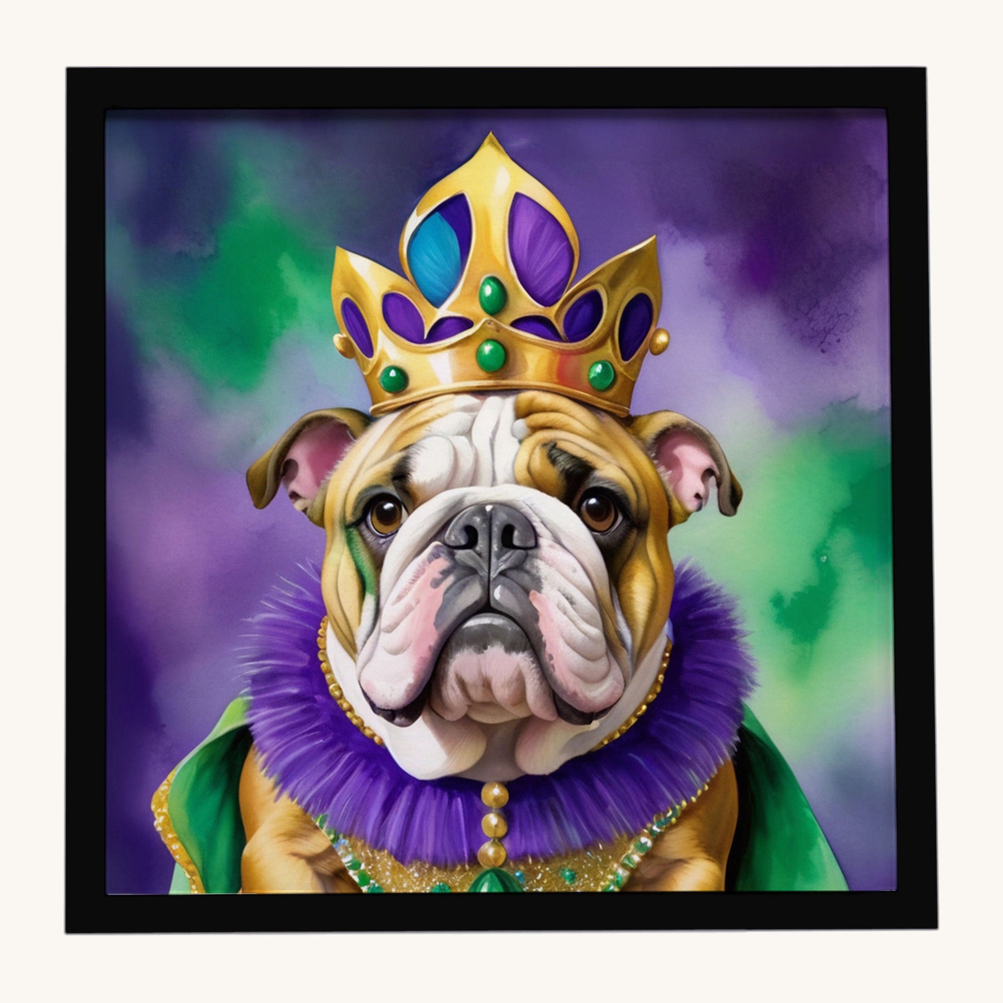 Hand-illustrated English Bulldog Mardi Gras Framed Metal Print
