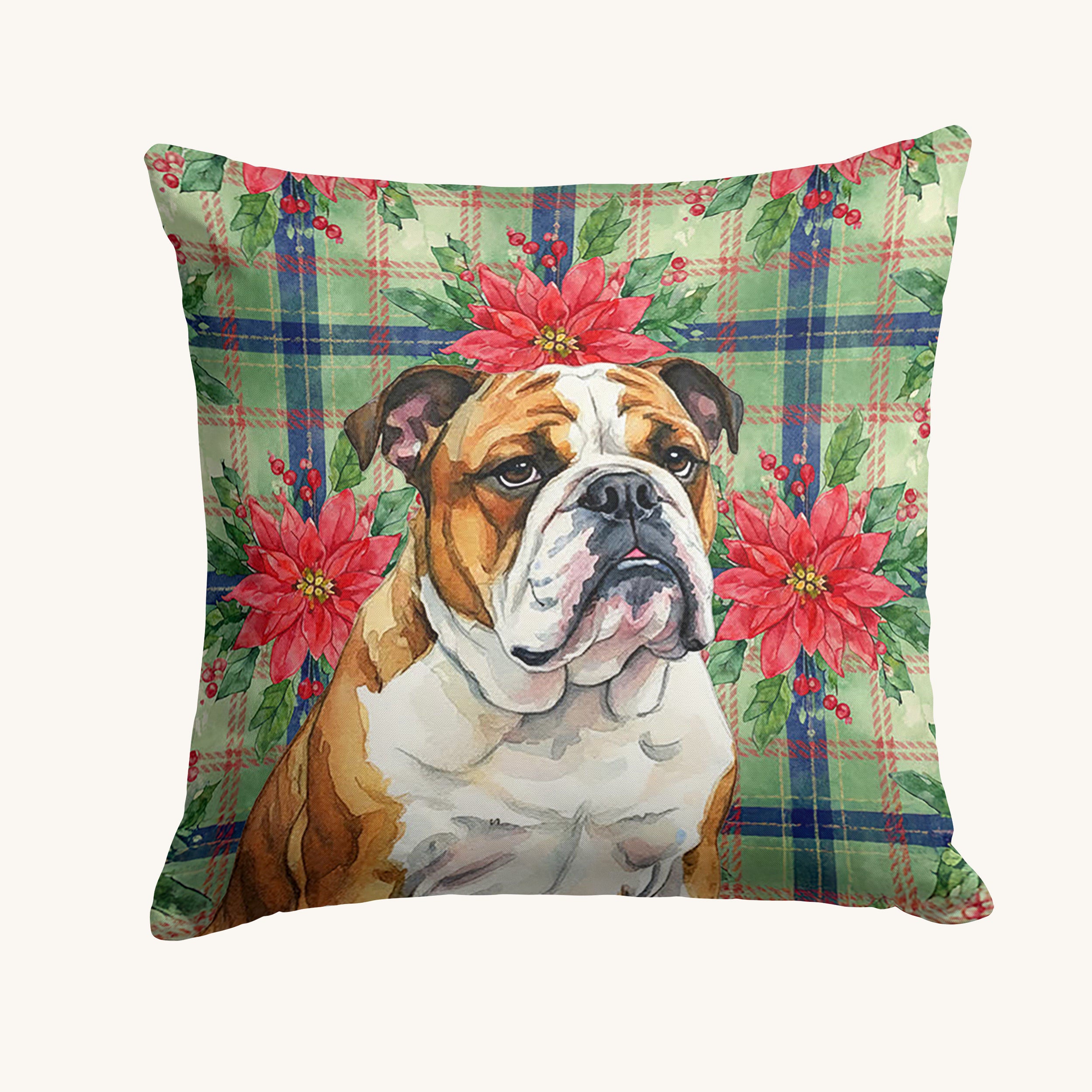 Hand-illustrated English Bulldog Poinsettia Christmas Throw Pillow