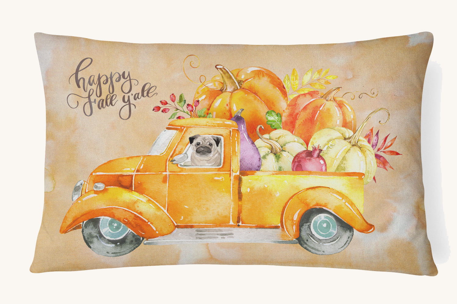 Hand-illustrated Fall Harvest Pug Throw Pillow
