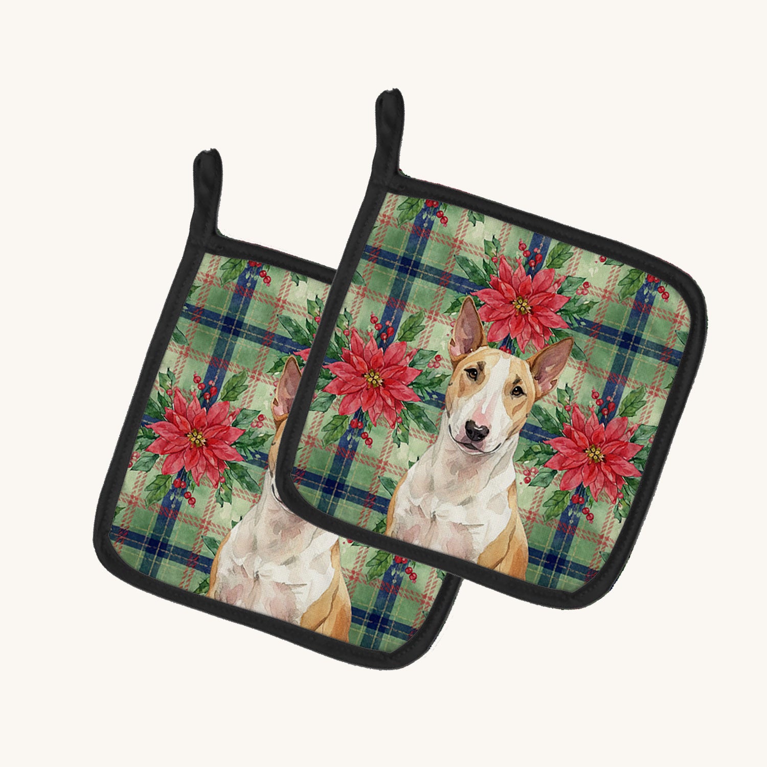 Hand-illustrated Fawn and White Bull Terrier Christmas Pot Holders (Pair)