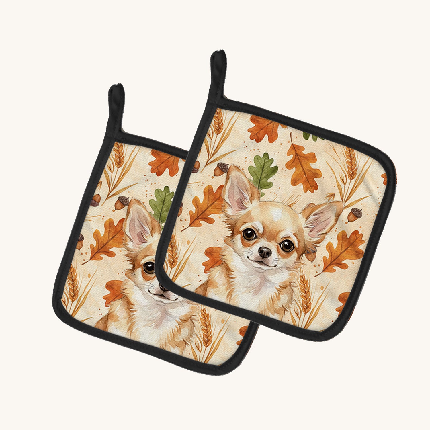 Hand-illustrated Fawn Chihuahua Heirloom Fall Pot Holder Pair