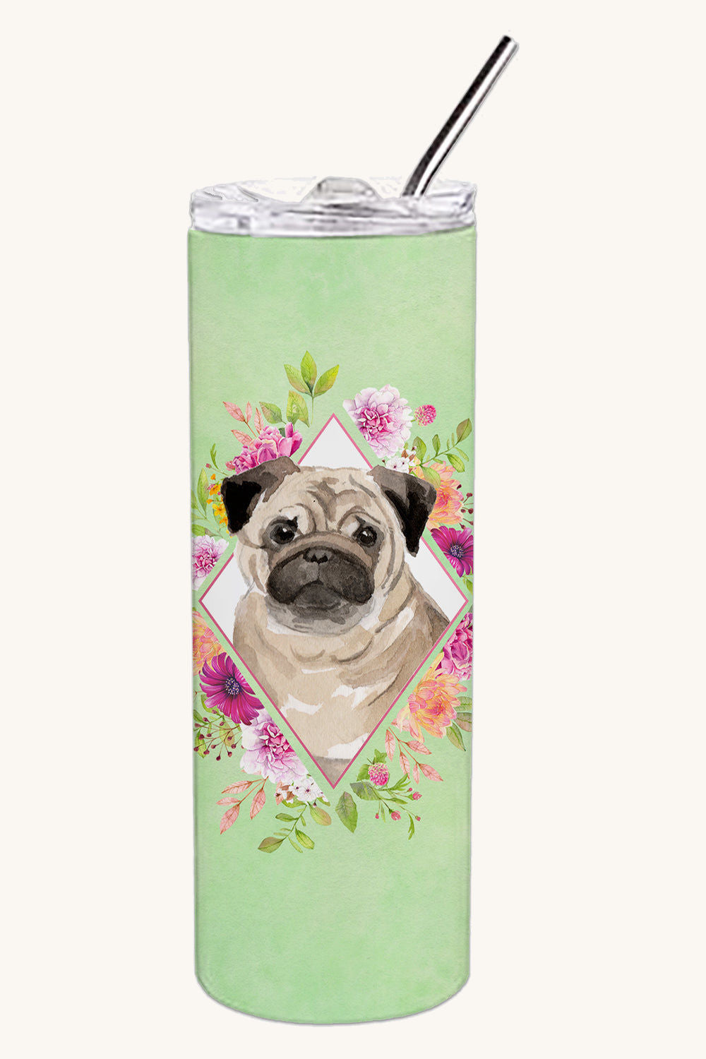 Hand-illustrated Fawn Pug Green Flowers Stainless Steel Tumbler